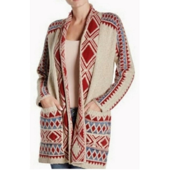 Lucky Brand Tribal Knit Long Line Cardigan Sweater w/ Pockets - Picture 1 of 4